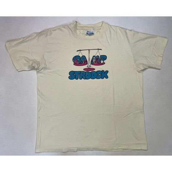 VINTAGE Camp Stroock Graphic T-shirt Women Large Yellow USA 90s Single Stitch - Picture 1 of 10